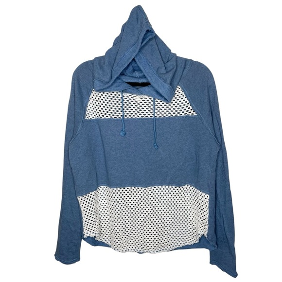 Free People Crochet Panel Blue Pullover Hoodie Sweatshirt Medium - Picture 4 of 13
